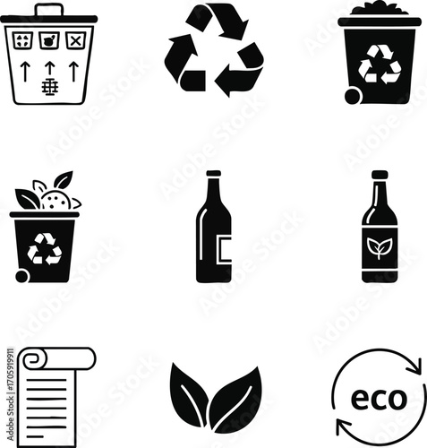 Illustration of environmental icons in black and white