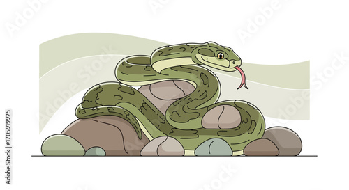 Graphic Illustration Of A Green Snake Perched On A Collection Of Rocks