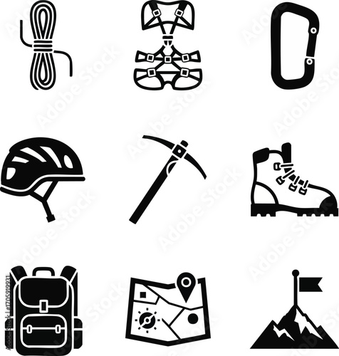 Illustration of essential climbing and hiking equipment presented in a minimalist, black and white design