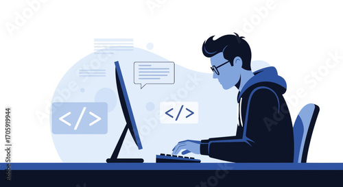 Graphic Depiction Of Software Engineer, Focused And Engaged In Coding On Computer