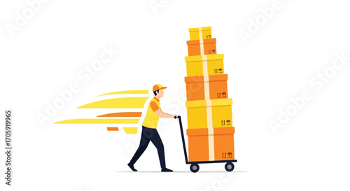 Fast Shipping Service: Messenger Delivering Stacked Parcel Boxes Quickly To Destinations.