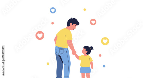Father And Daughter Holding Hands Illustrative Image With Positive Symbols Around