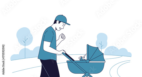 Father Smiling While Pushing His Baby In A Stroller During An Outdoor Excursion