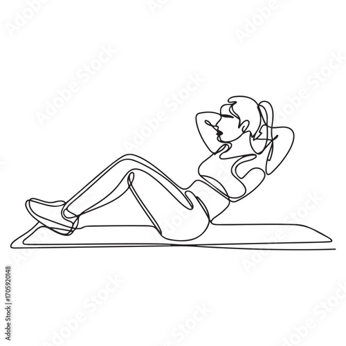 One continuous line Art drawing of young sporty woman working out lying sit up on the floor in fitness gym club center. with white background