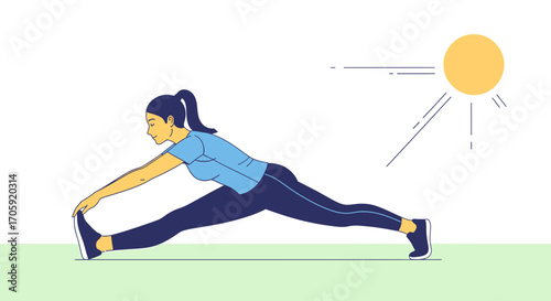 Female Athlete Doing Splits Exercise Outdoors Under The Warm Sunlight, Fitness Illustration