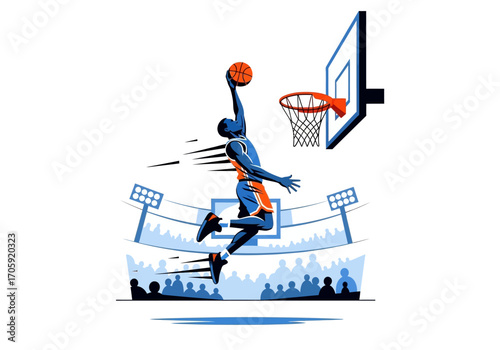Vector of Basketball Dunk Attempt in Indoor Arena with Defender and Crowd