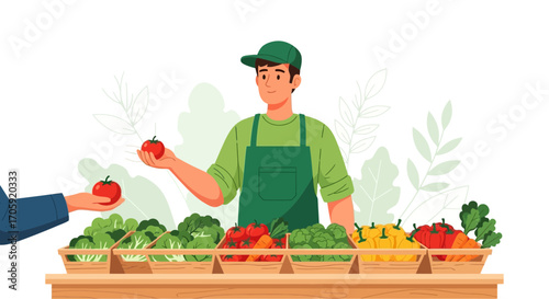 Greengrocer Selling Fresh Produce to Customer at Farmers Market Illustration