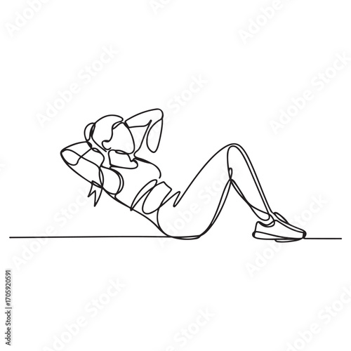 One continuous line Art drawing of young sporty woman working out lying sit up on the floor in fitness gym club center. with white background