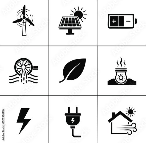 Illustration showing a set of green energy icons in black and white