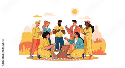 Group Of Diverse Friends Sharing Snacks And Beverages At A Cheerful Outdoor Picnic