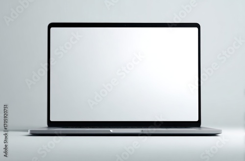 A silver laptop is open, showcasing a bright, blank white screen against a light grey background. The device rests on a smooth, reflective surface