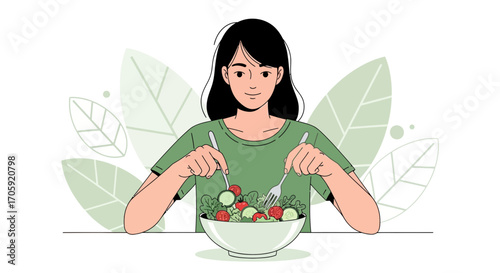 Female Eating Salad Illustration Depicting Healthy Eating And Sustainable Living