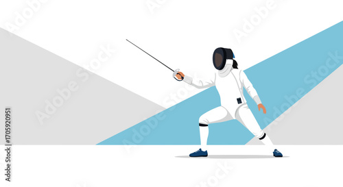 Female Fencer Illustration Demonstrating Skill And Precision Against Abstract Graphic Backdrop