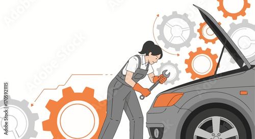 Female Mechanic Repairing Car Engine with Gear Background, Illustration Concept