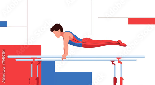Gymnast Performing Elegant Stance On Parallel Bars Representing Strength And Balance