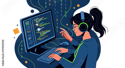 Female Programmer Immersed In Coding With Headphones And Computer Screen Full Of Code