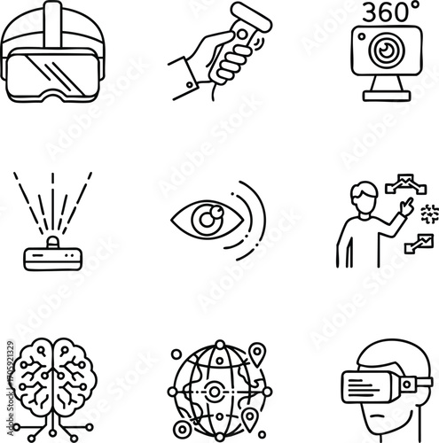 Line art showcasing virtual reality, metaverse, and advanced technology concepts