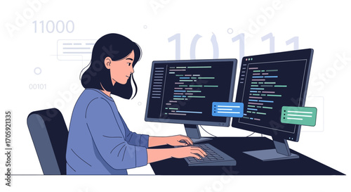 Female Programmer Working On Coding, Vector Illustration Focused Technology Development
