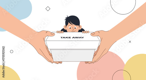 Hands Delivering Take Away Box To A Young Boy Represents Modern Food Delivery Service