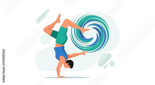 Handstand Performer with Abstract Vortex, Depicting Balance and Fitness, Modern Illustration