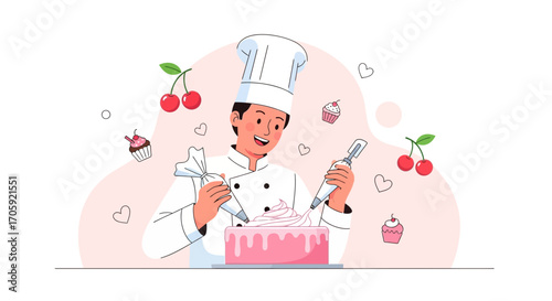 Happy Baker Adorns Cake With Whipped Cream, Cupcakes And Cherries In Cute Illustration
