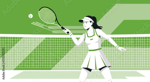Female Tennis Player Hitting A Ball On Green Court With Dramatic Shadows