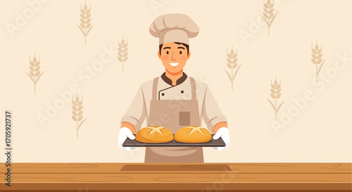 Happy Baker Showcasing Freshly Baked Loaves of Bread and Culinary Skill Beautifully