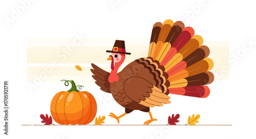 Festive Turkey Walking Near Pumpkin Celebrating Harvest Season Autumn Thanksgiving Holiday