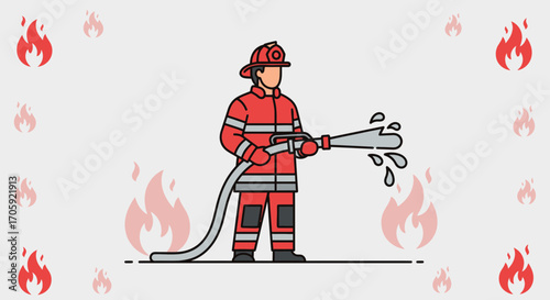 Firefighter Actively Extinguishing Flames With Water Spraying From a Hose To Save People