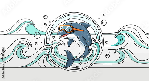 Happy Cartoon Dolphin with Goggles Swimming Through Ocean Waves in A Fun, Playful Design