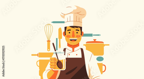 Happy Chef Ready To Serve Dishes With Kitchen Utensils, Smiling and Holding a Glass