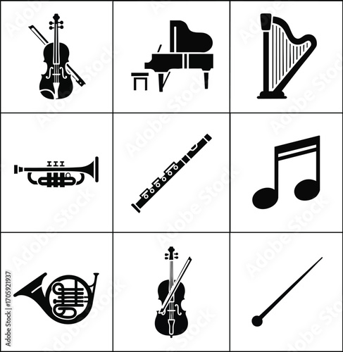 Minimalist black and white vector icons of diverse musical instruments and symbols
