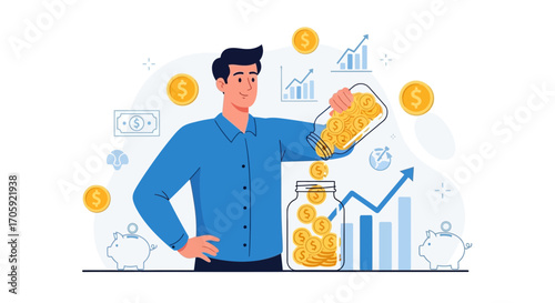 Financial Growth Illustration Of Depositing Coins, Savings, And Investment Concepts