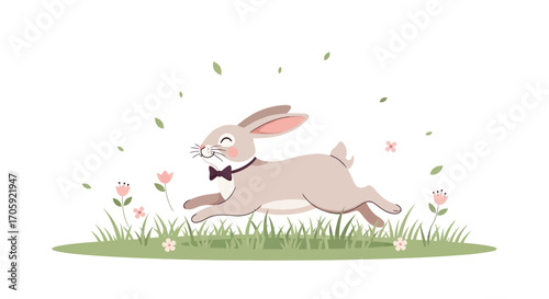 Happy Bunny Running In The Garden, Filled With Flowers And Green Grass