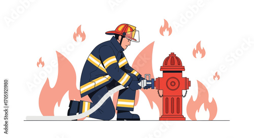 Firefighter Preparing To Connect Hose To Fire Hydrant Against The Blazing Flames