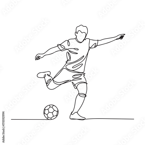 One continuous line Art drawing of young energetic football player kicking the ball to pass to his teammates. Soccer match sports concept. with white background