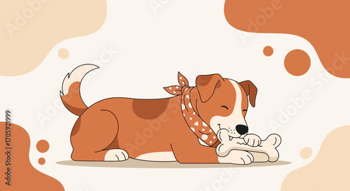 Happy Canine Enjoying Bone Treat, Cute Dog, Pet Delight, Cartoon Illustration