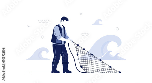 Fisherman Casting His Net Into The Sea Capturing The Essence Of Ocean Life