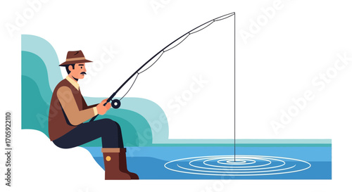 Fisherman Casting Line And Waiting For A Catch Near The Clear Water With Gentle Movement