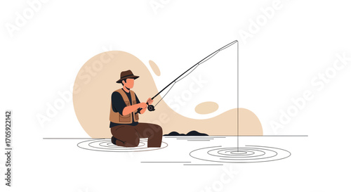 Fisherman Casting His Line Into Water, Enjoying The Serene Fishing Experience Outdoors