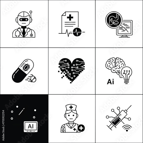 Modern AI healthcare icons. Featuring robot doctors, smart pills, digital records, AI diagnostics, and smart medical devices