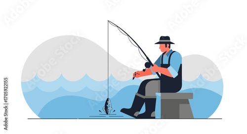 Fisherman Casting Line To Catch Fish On The Lake Vector Illustration Design