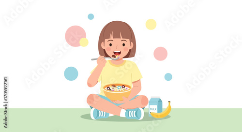 Happy Child Enjoying Breakfast Cereal with Milk and a Banana in a Cheerful Vibe