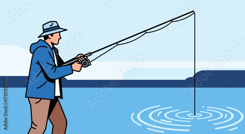Fisherman Casting Line With Fishing Pole Catching Fish At The Lake During The Day