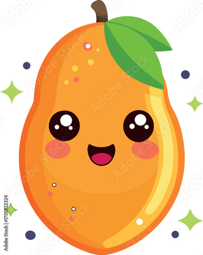 Vector art of cute cartoon mango fruit character with big eyes and leaves transparent background