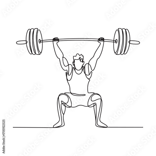 One continuous line Art drawing of young bodybuilder man doing exercise with a heavy weight bar in gym. Powerlifter train weightlifting concept. with white background