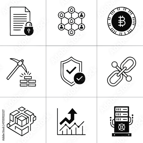 Modern black and white icons illustrating blockchain, cryptocurrency, and data security concepts