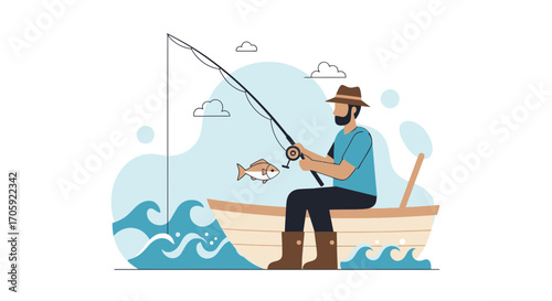 Fisherman Enjoying Leisurely Fishing Trip On A Boat Under Sunny Weather Conditions