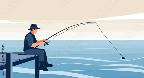 Fisherman Enjoying Solitude While Fishing Off A Wooden Pier Amidst Serene Waters