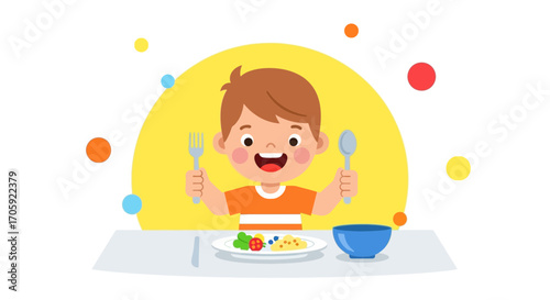 Happy Child With Fork And Spoon Ready To Eat Healthy Food At The Table